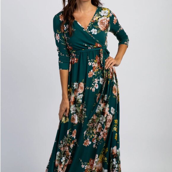 PinkBlush Green Rose Sash Tie Wrap Top Maternity Maxi Dress - Picture 2 of 7